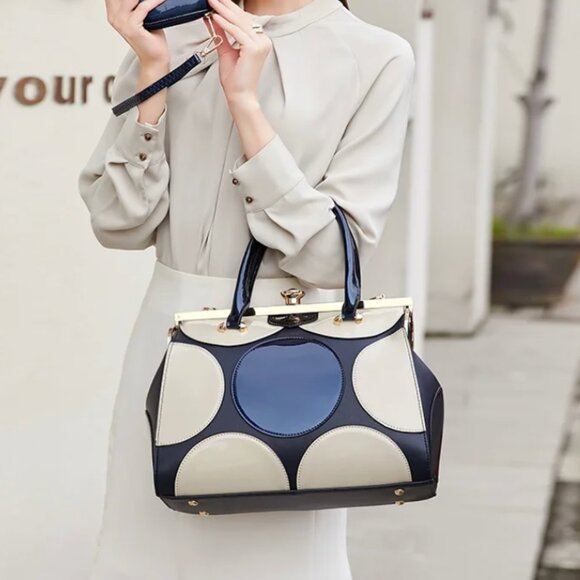Polka Dot Patent Frame Satchel Blue & White Retro - Picture 1 of 11
